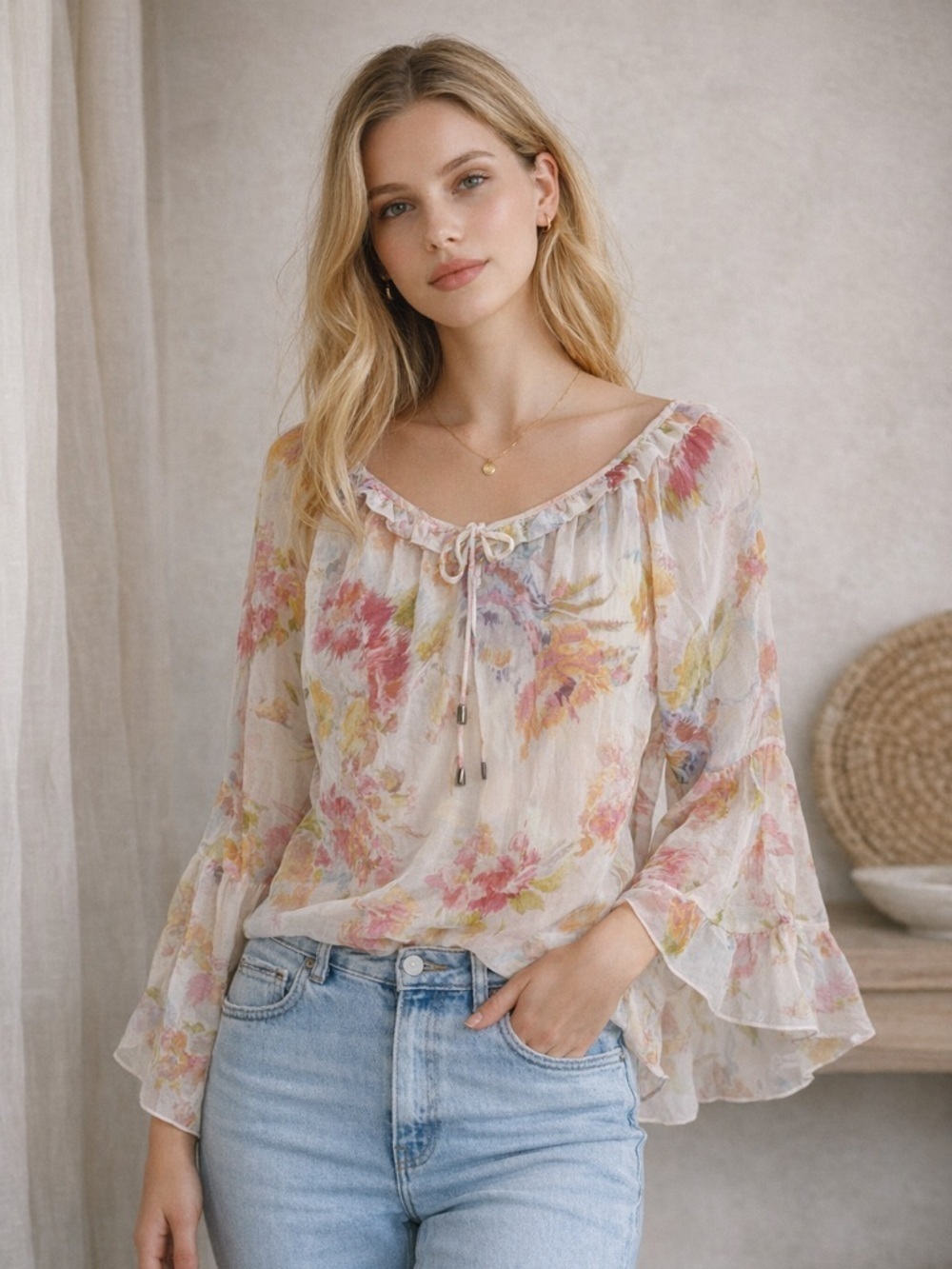Zara Sheer Floral Peasant Blouse Bell Sleeve Boho Tie Neck Top Women’s M
